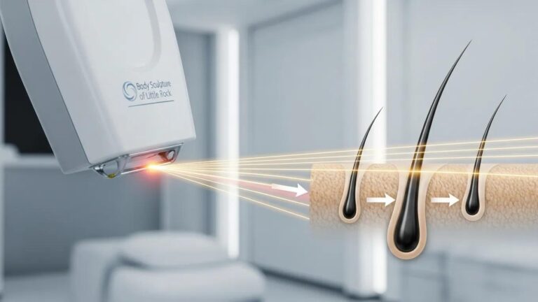 Close-up of laser technology targeting hair follicles in a clinical setting at Body Sculpture of Little Rock