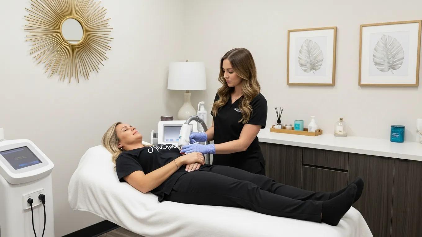 Laser hair removal treatment at Body Sculpture of Little Rock Med Spa, showcasing a patient and technician in a modern spa environment