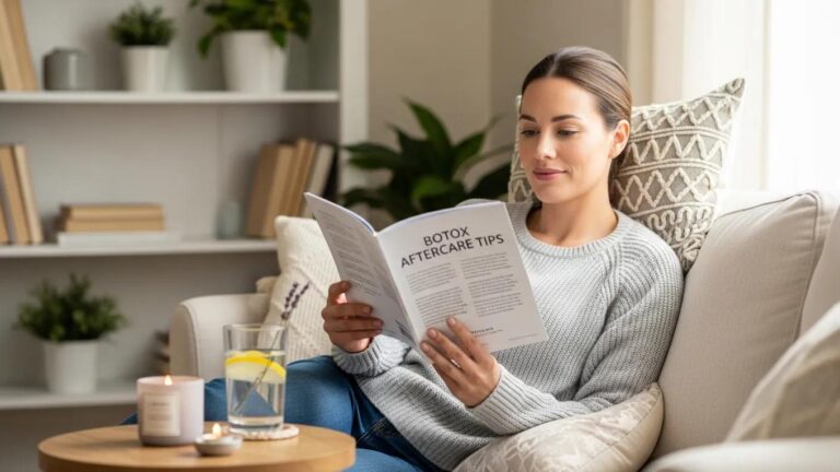 Patient relaxing at home after Botox treatment, following aftercare instructions in a cozy setting